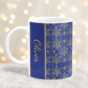 Blue and Gold Snowflakes Christmas Mug with Name
