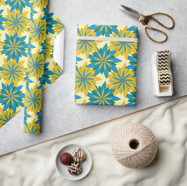 Blue and Gold Starburst Flowers  Wrapping Paper (Crafts)