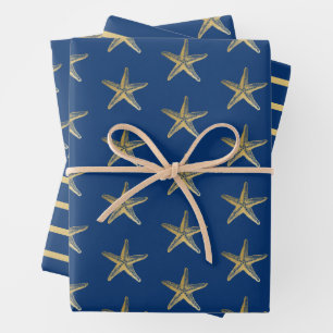 Blue and Gold Starfish Nautical Stripe Wrapping Paper Sheet