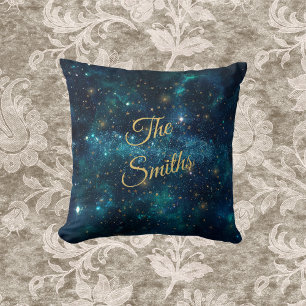 Blue and Gold Starry Galaxy with Monogrammed Name  Cushion