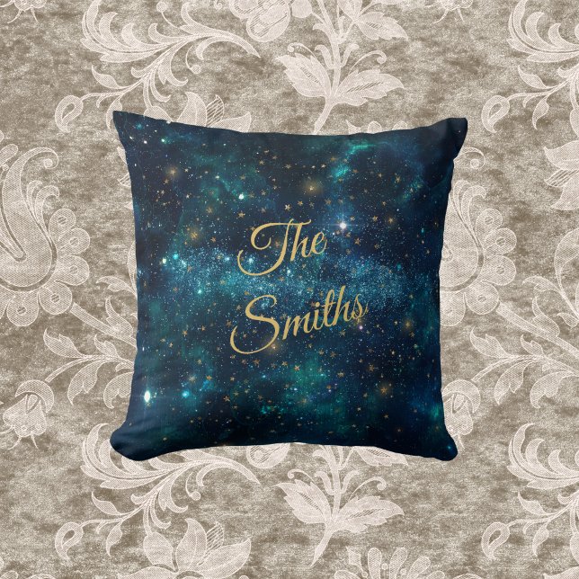 Blue and Gold Starry Galaxy with Monogrammed Name  Cushion (Creator Uploaded)