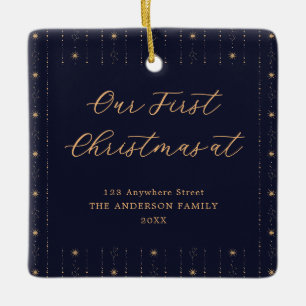 Blue And Gold Stars Our First Christmas Monogram Ceramic Ornament