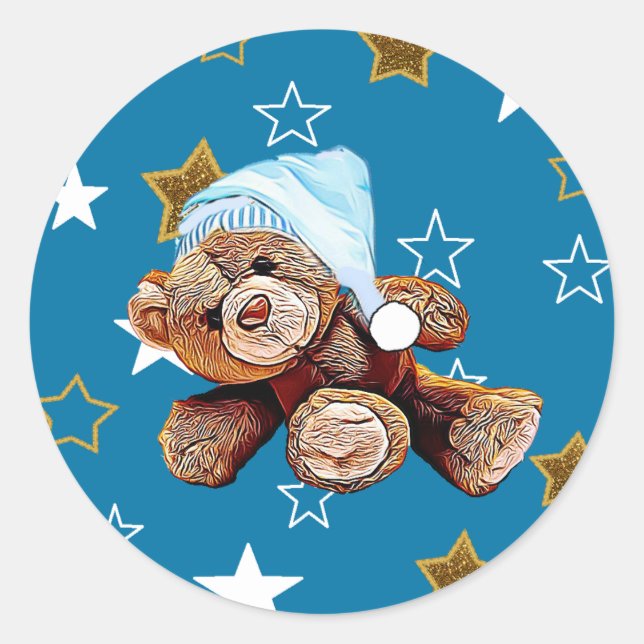 Blue and Gold Stars Teddy Bear Baby Shower Sticker (Front)