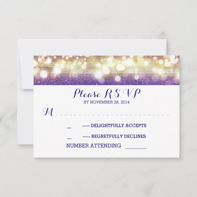blue and gold string lights glitter wedding RSVP Card (Front)