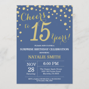 Blue and Gold Surprise 15th Birthday Diamond Invitation