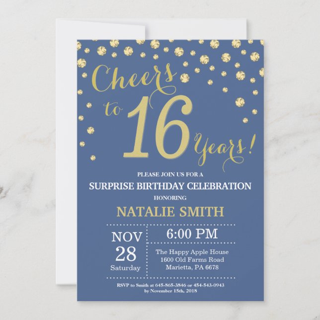 Blue and Gold Surprise 16th Birthday Diamond Invitation (Front)
