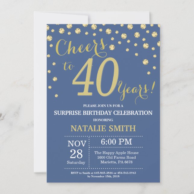 Blue and Gold Surprise 40th Birthday Diamond Invitation (Front)