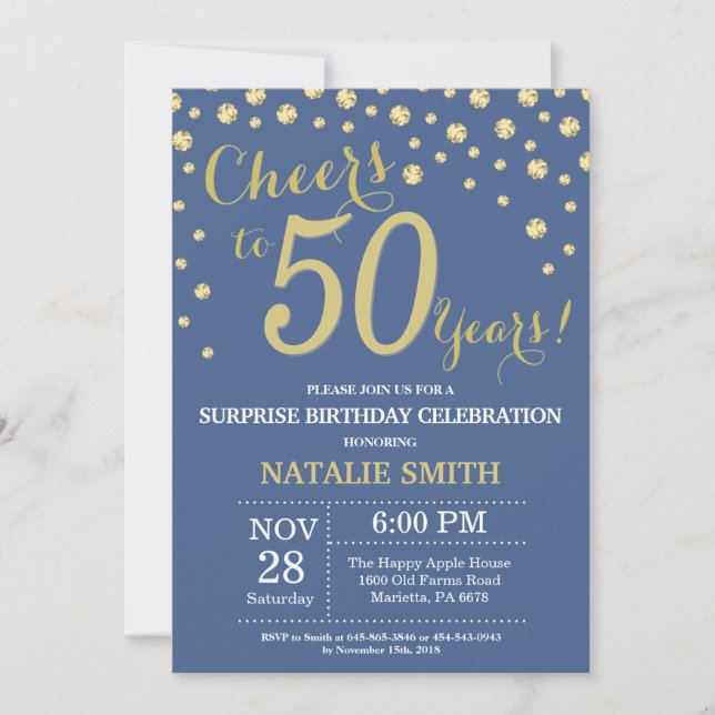 Blue and Gold Surprise 50th Birthday Diamond Invitation (Front)