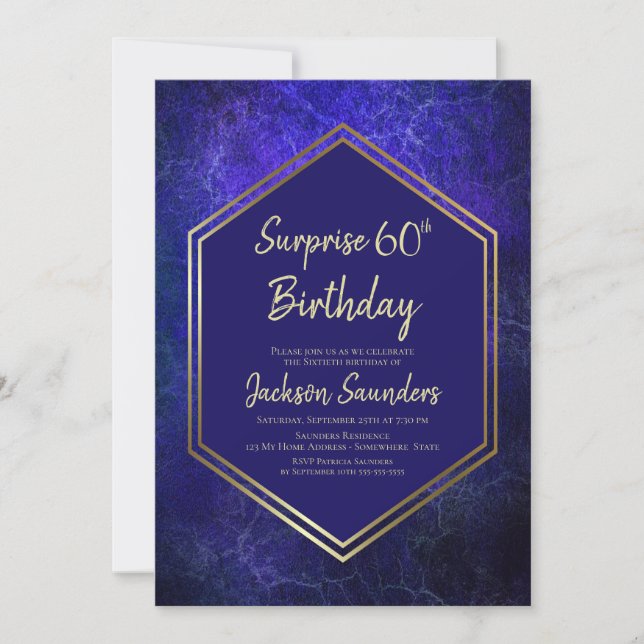 Blue and Gold Surprise 60th Birthday Party Invitation (Front)