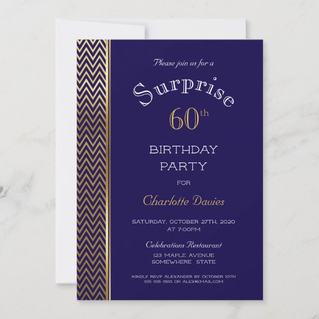 Blue and Gold Surprise 60th Birthday Party Invitation (Front)