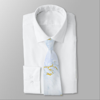 Blue and Gold Texture on Chic White Marble Tie