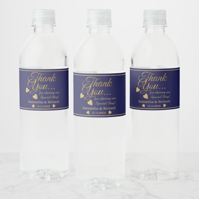 Blue And Gold Thank You Wedding  Party Favour Water Bottle Label (Bottles)