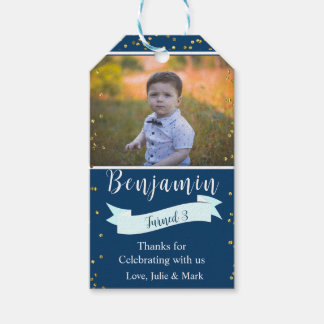 Blue and Gold Third Birthday Photo Gift Tags