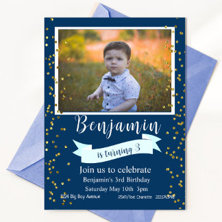Blue and Gold Third Birthday Photo   Invitation