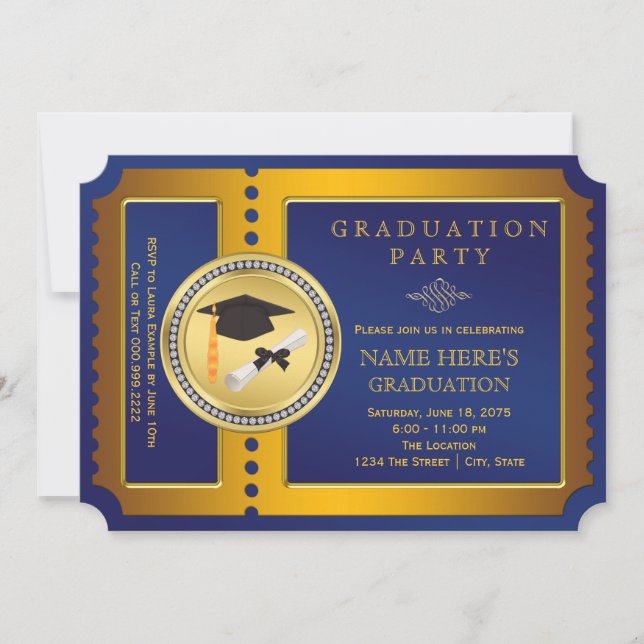 Blue and Gold Ticket Graduation Party Invitation (Front)