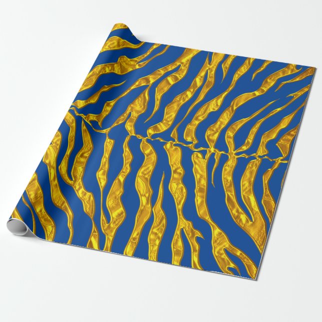 Blue And Gold Tiger Stripes Animal Print Wrapping Paper (Unrolled)