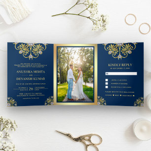 Blue and Gold Traditional Mandala Indian Wedding Tri-Fold Invitation