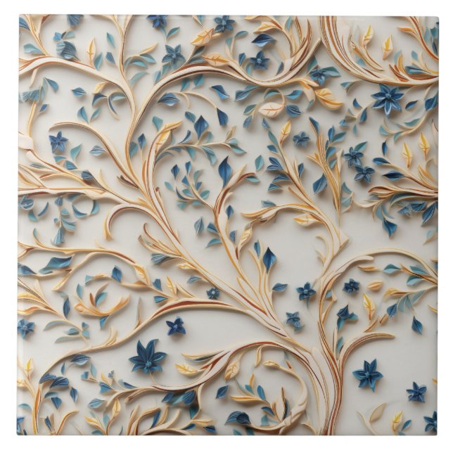 Blue and Gold Tree, Woodcarving Style Ceramic Tile (Front)