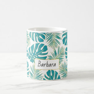 Blue and gold tropical leaves and name coffee mug