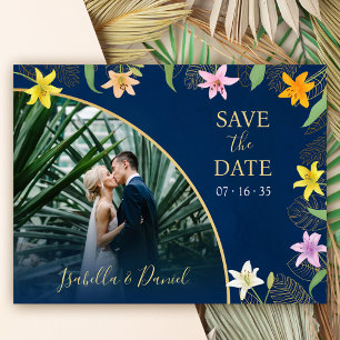 Blue and Gold Tropical Lily Photo Save the Date Invitation Postcard