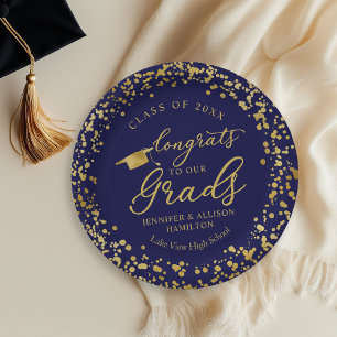 Blue and Gold Twins Double Graduation Paper Plate