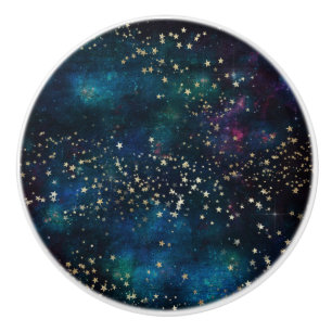 Blue and Gold Under the Stars Night Sky Ceramic Knob