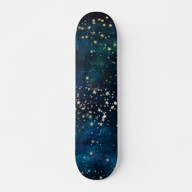 Blue and Gold Under the Stars Night Sky Skateboard (Front)