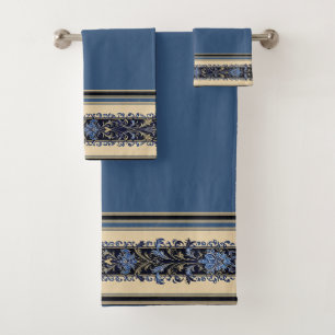 Blue and Gold Victorian Border Bath Towel Set