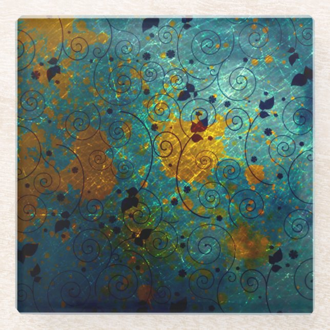 Blue and Gold Vine Glass Coaster (Front)