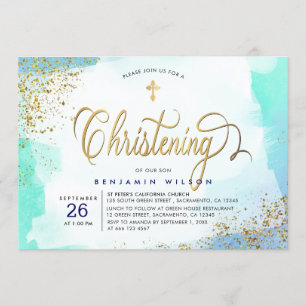 Blue And Gold Watercolor Boy Christening Invitation