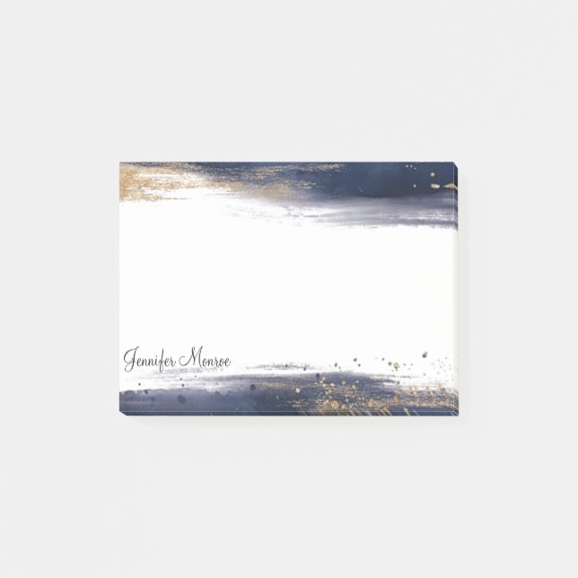 Blue and gold watercolor brushstrokes personalised post-it notes (Front)