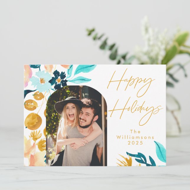 Blue and Gold Watercolor Flowers | 1 Photo Elegant Holiday Card (Standing Front)