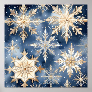 blue and gold watercolor snowflake print