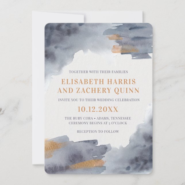 Blue and Gold Watercolor Swash Wedding Invitation (Front)