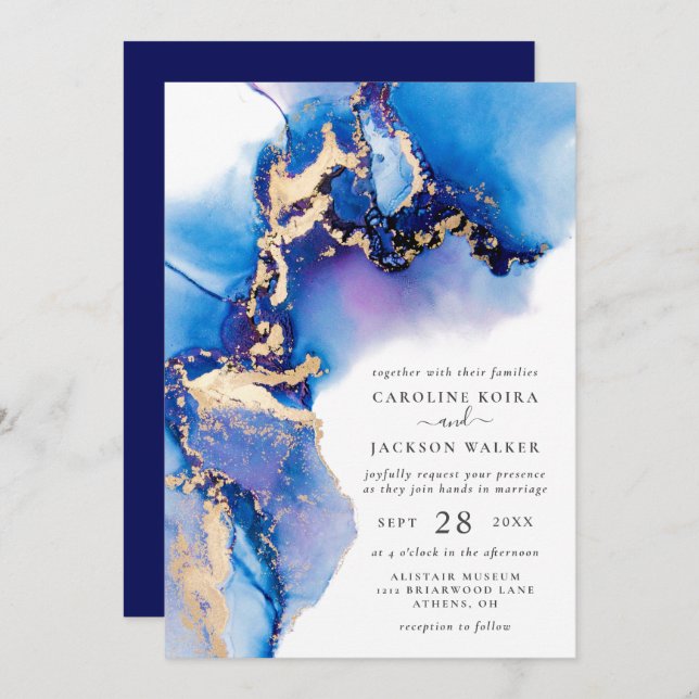 Blue and Gold Watercolor Wedding Invitation (Front/Back)