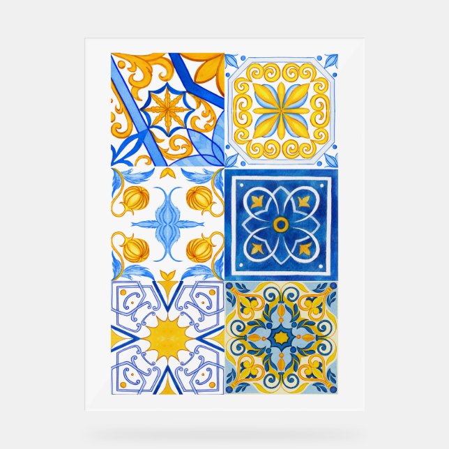 Blue and Gold Watercolour Tile Pattern – Mediterra Acrylic Sign (Front)