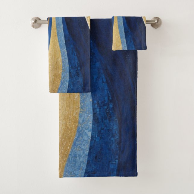 Blue and Gold Waves Bath Towel Set (Insitu)