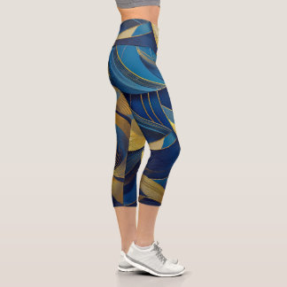 Blue and Gold Waves Capri Leggings