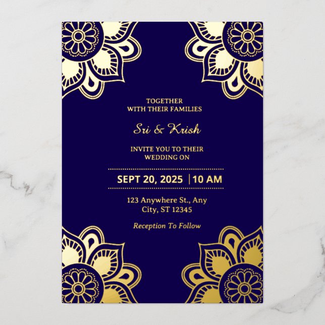 Blue And Gold Wedding Foil Invitation (Front)