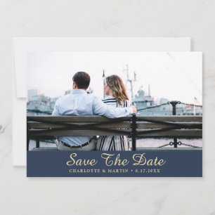 Blue and Gold Wedding Photo Save The Date Cards