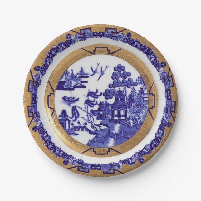 Blue and Gold Willow Pattern Paper Plate (Front)