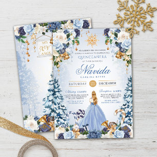 Blue and Gold Winter Wonderland Quinceañera  Invitation