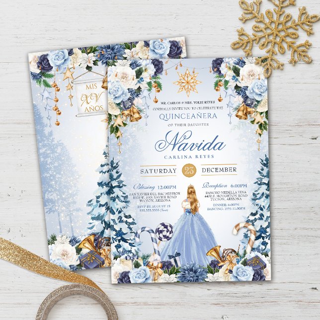 Blue and Gold Winter Wonderland Quinceañera  Invitation (Creator Uploaded)