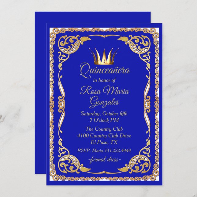 Blue and Gold with Crown Quinceanera Invitation (Front/Back)