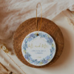 Blue and Gold Wreath Christmas Ceramic Ornament<br><div class="desc">Elegant blue and gold watercolor floral wreath design to celebrate the first Christmas as newlyweds.</div>