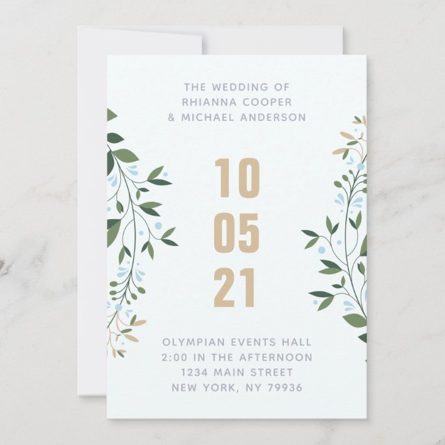 Blue and Gold Wreath Winter Wedding Invitation (Front)