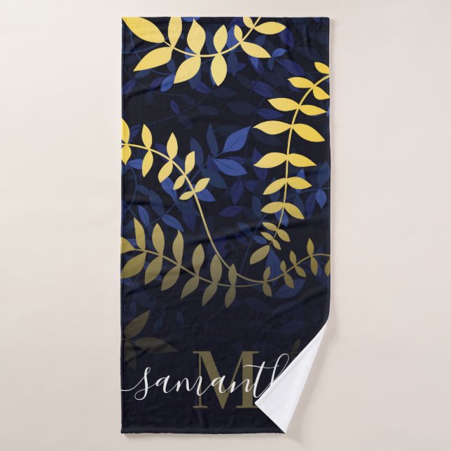 Blue and Golde Leaves Bath Towel Set (Bath Towel)