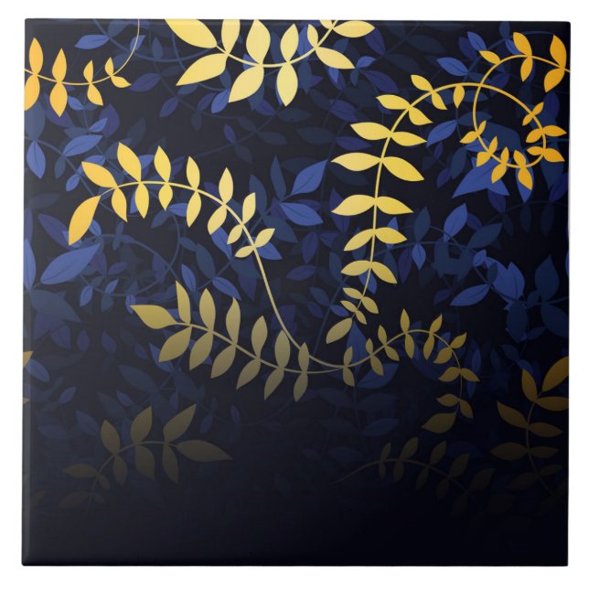Blue and Golde Leaves Ceramic Tile (Front)
