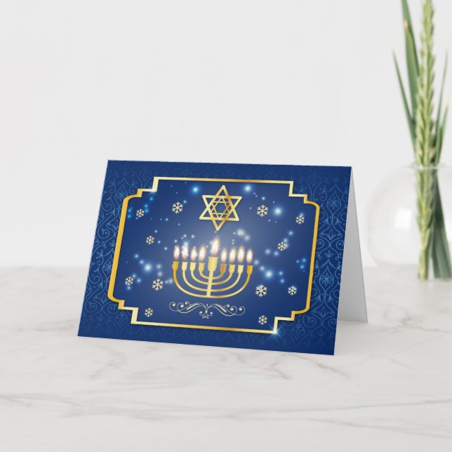 Blue and Golden Decorative Hanukkah Holiday Card (Front)