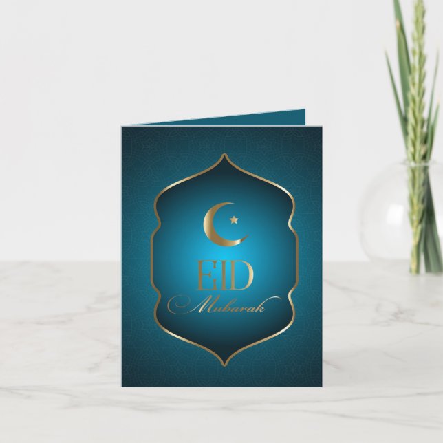 Blue and Golden Islamic Eid Mubarak Greeting Card (Front)
